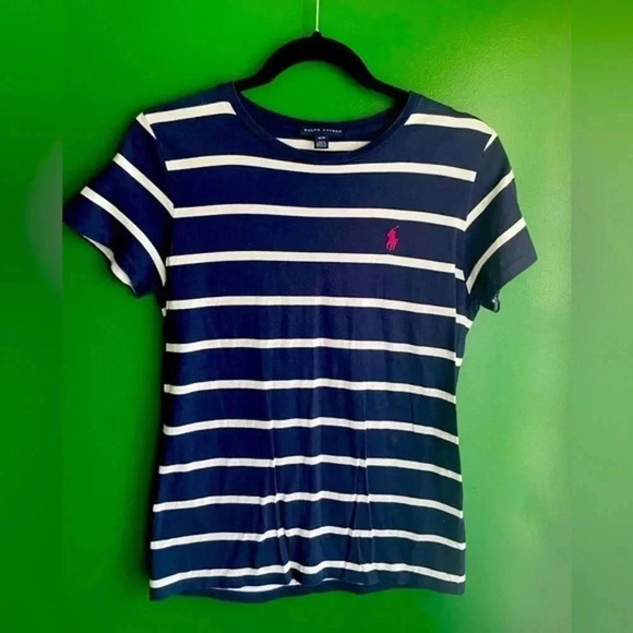 Ralph Lauren Striped Navy Polo Tshirt Size M Medium EUC - Picture 1 of 4